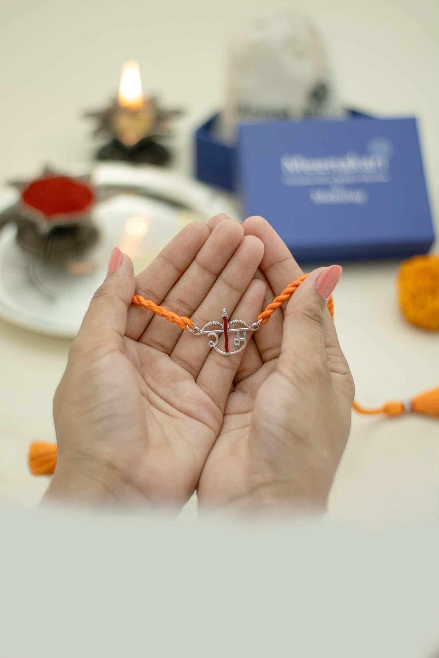 Meenakari Shri Ram Dhanush (Bow) Sterling Silver Rakhi set with Roli Chawal