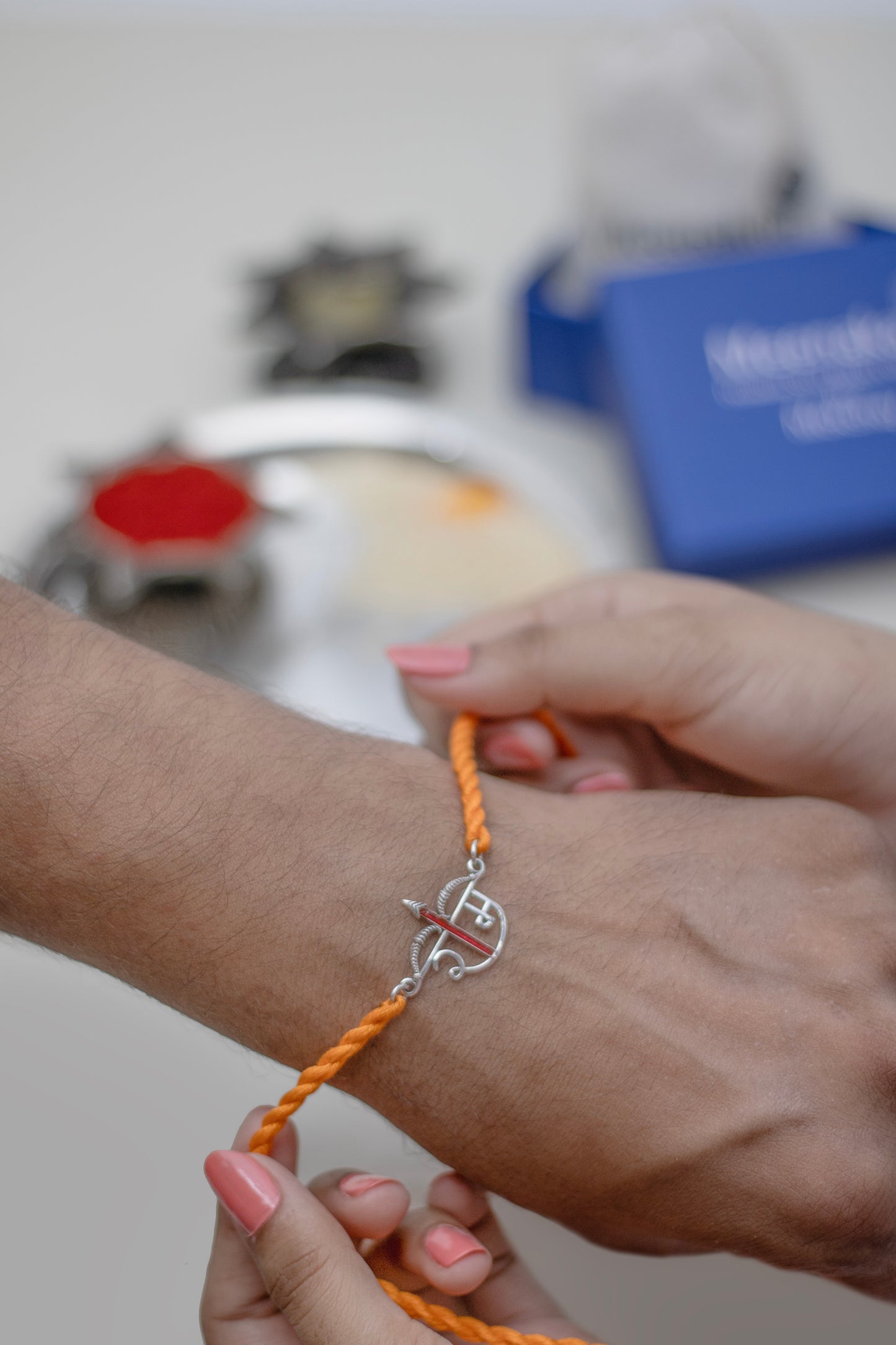 Meenakari Shri Ram Dhanush (Bow) Sterling Silver Rakhi set with Roli Chawal