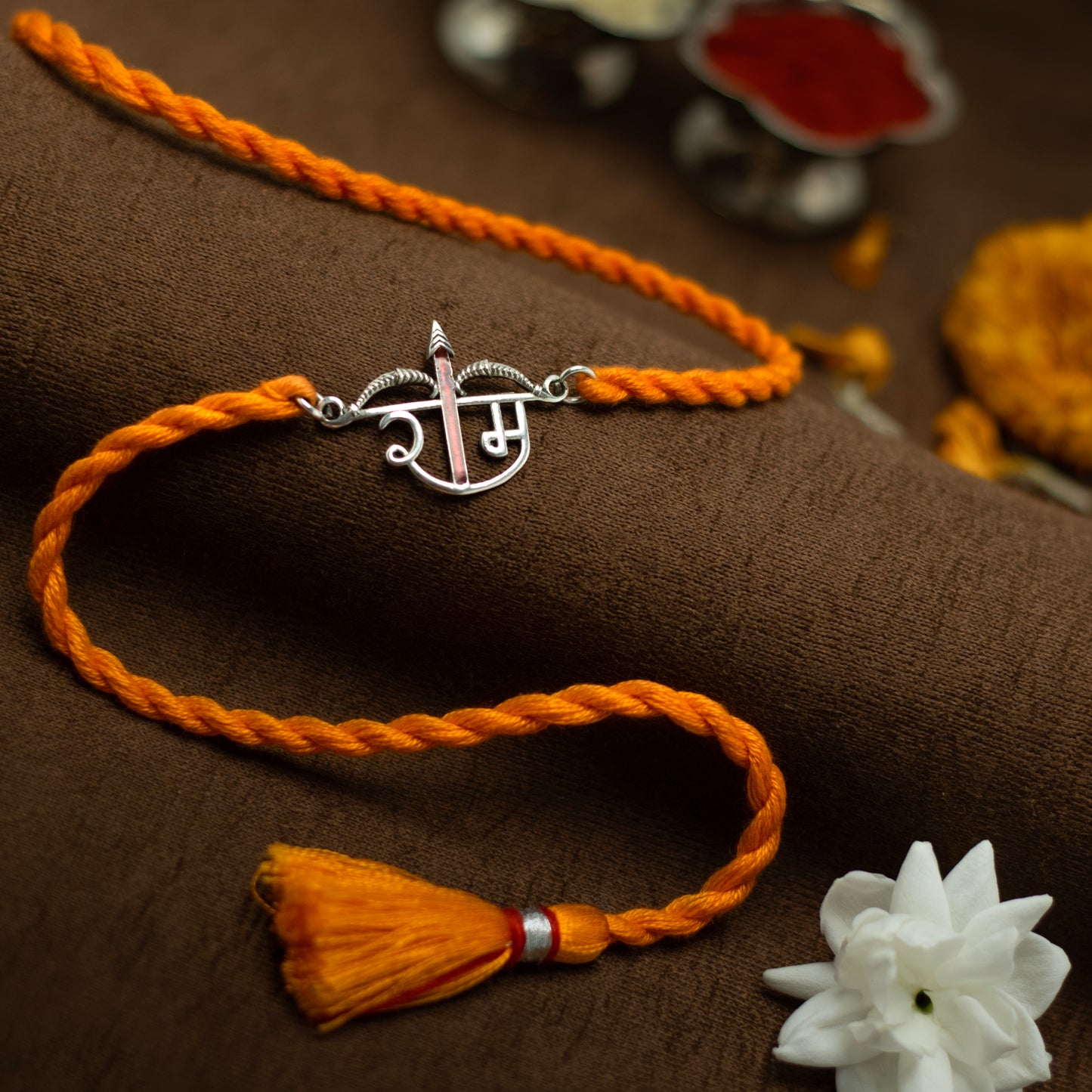 Meenakari Shri Ram Dhanush (Bow) Sterling Silver Rakhi set with Roli Chawal