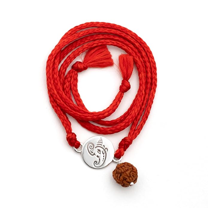 Meenakari Small Ganesha Coin with Rudraksha Sterling Silver Rakhi set with Roli Chawal and greeting card