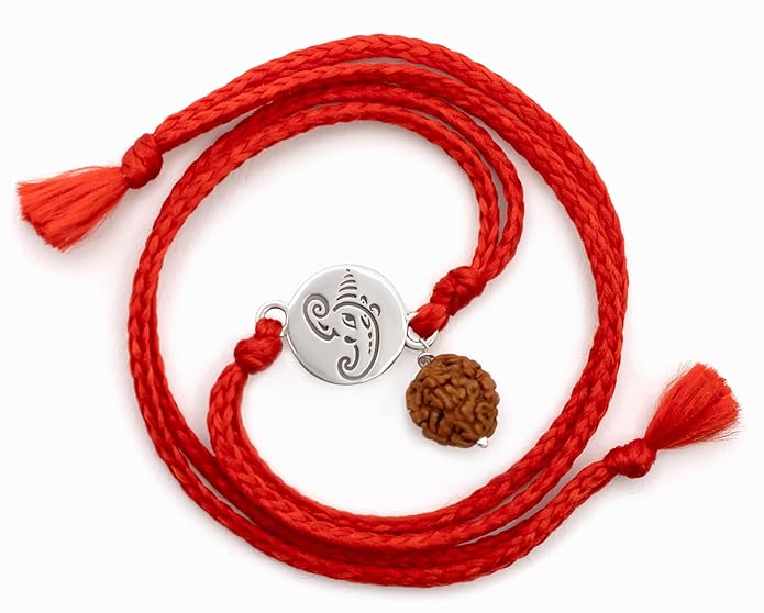 Meenakari Small Ganesha Coin with Rudraksha Sterling Silver Rakhi set with Roli Chawal and greeting card