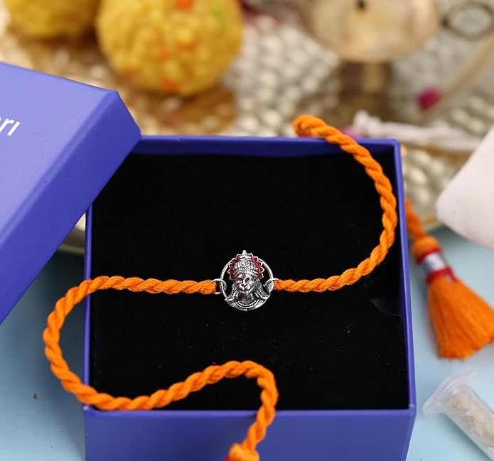 Meenakari Hanuman Sterling Silver Rakhi With Roli Chawal And Rakshabandhan Greeting Card