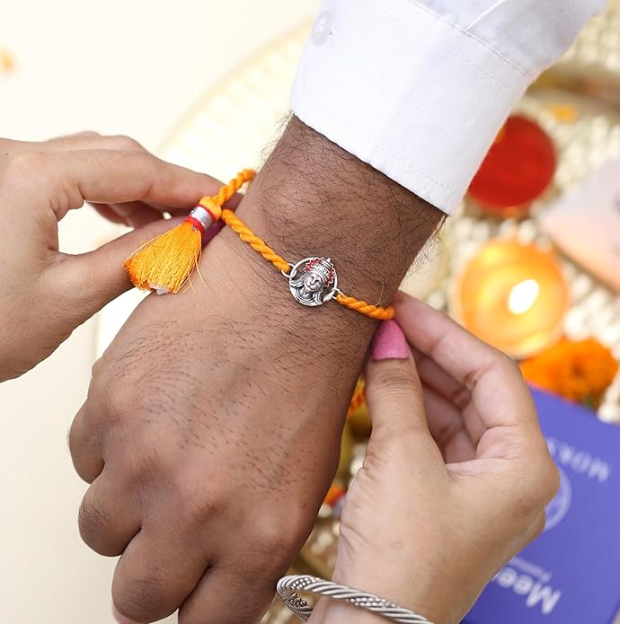 Meenakari Hanuman Sterling Silver Rakhi With Roli Chawal And Rakshabandhan Greeting Card