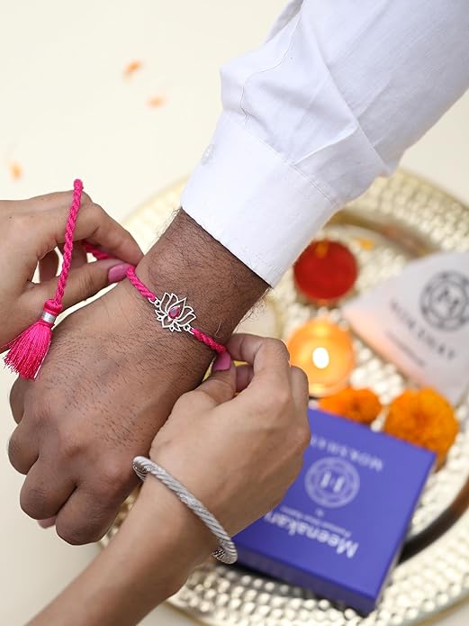 Meenakari Lotus With Zircon Sterling Silver Rakhi set with Roli Chawal and Rakshabandhan