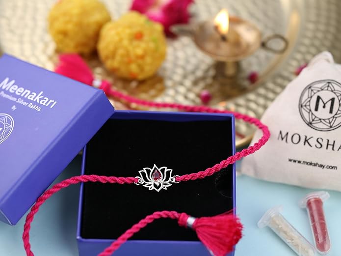 Meenakari Lotus With Zircon Sterling Silver Rakhi set with Roli Chawal and Rakshabandhan
