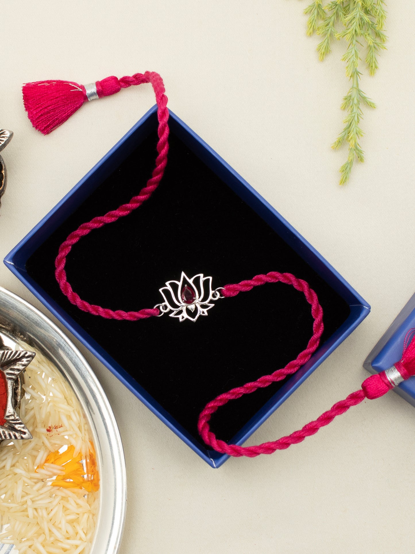 Meenakari Lotus With Zircon Sterling Silver Rakhi set with Roli Chawal and Rakshabandhan