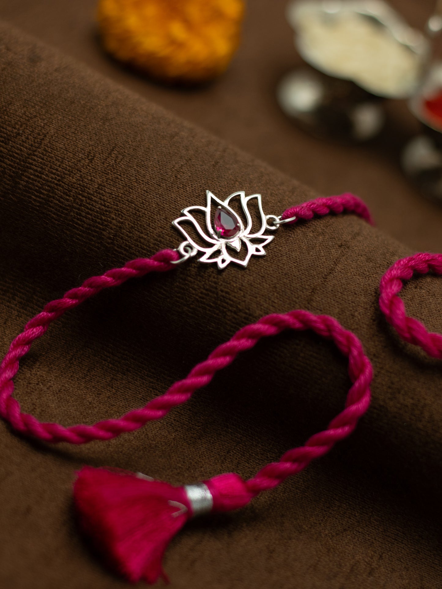 Meenakari Lotus With Zircon Sterling Silver Rakhi set with Roli Chawal and Rakshabandhan