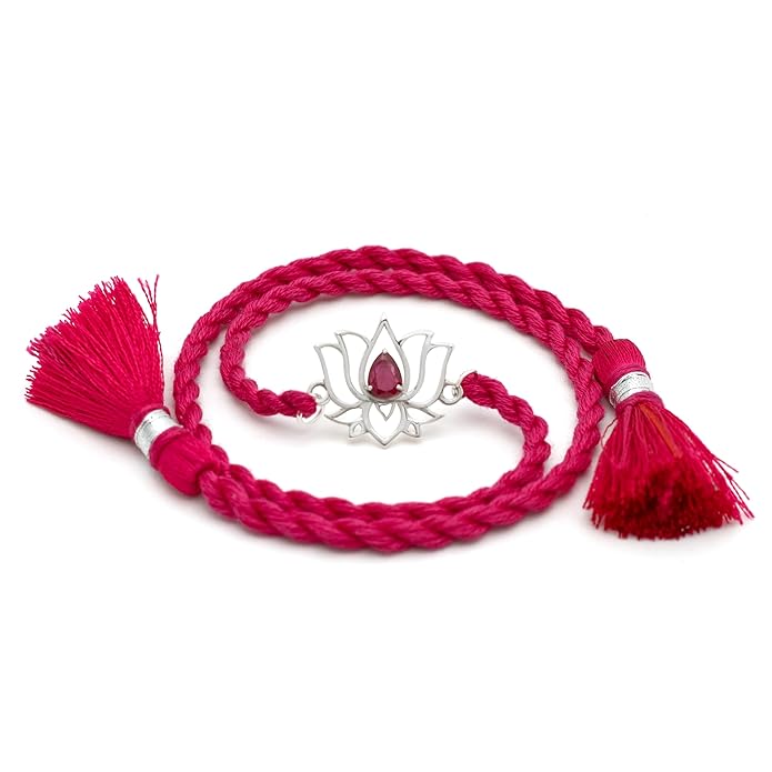 Meenakari Lotus With Zircon Sterling Silver Rakhi set with Roli Chawal and Rakshabandhan