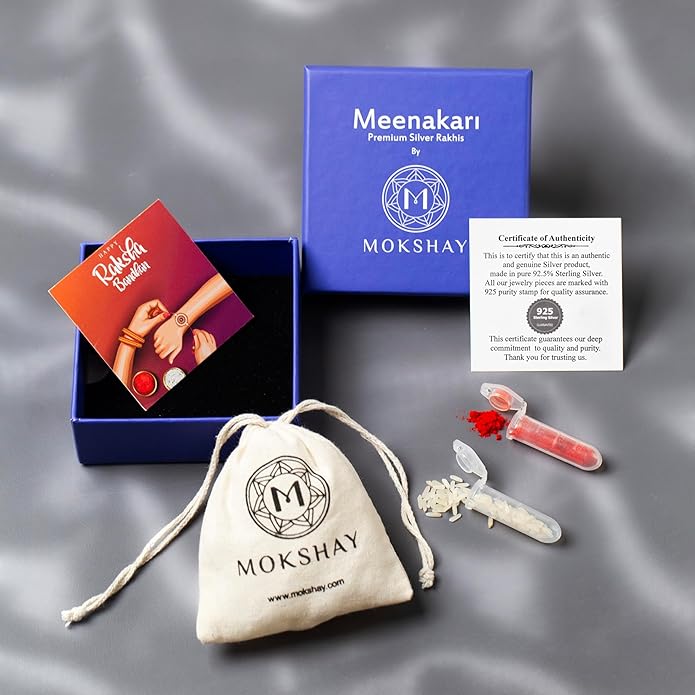Meenakari Lotus With Zircon Sterling Silver Rakhi set with Roli Chawal and Rakshabandhan