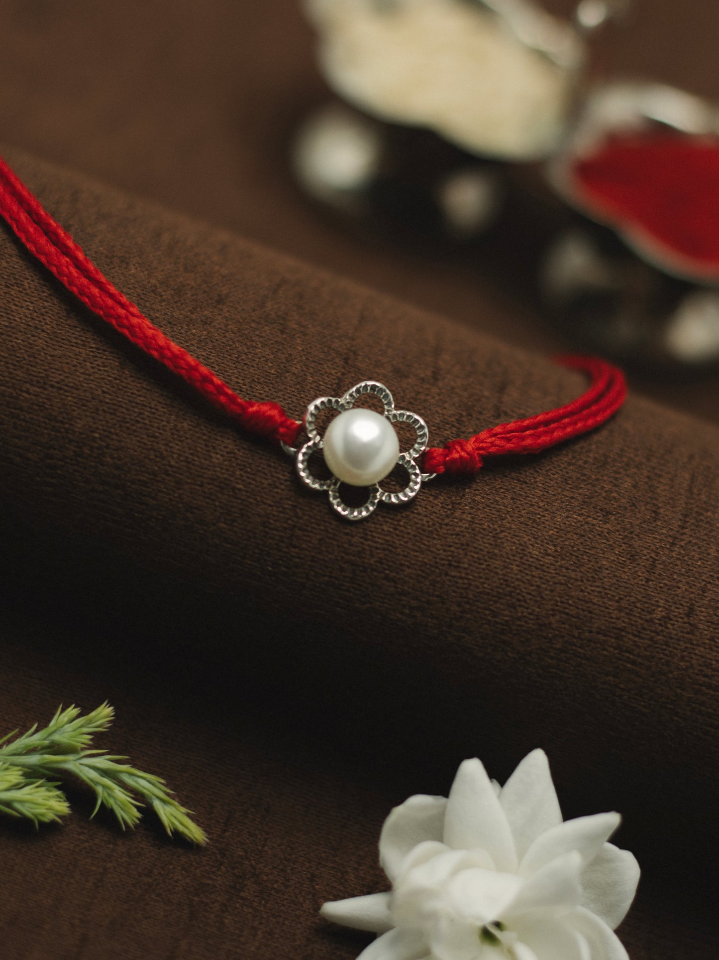 Meenakari Floral Pearl (Moti) Sterling Silver Rakhi set with Roli Chawal and Rakshabandhan Greeting Card