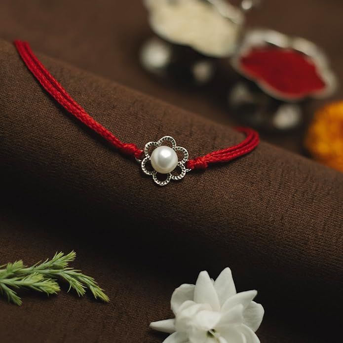 Meenakari Floral Pearl (Moti) Sterling Silver Rakhi set with Roli Chawal and Rakshabandhan Greeting Card