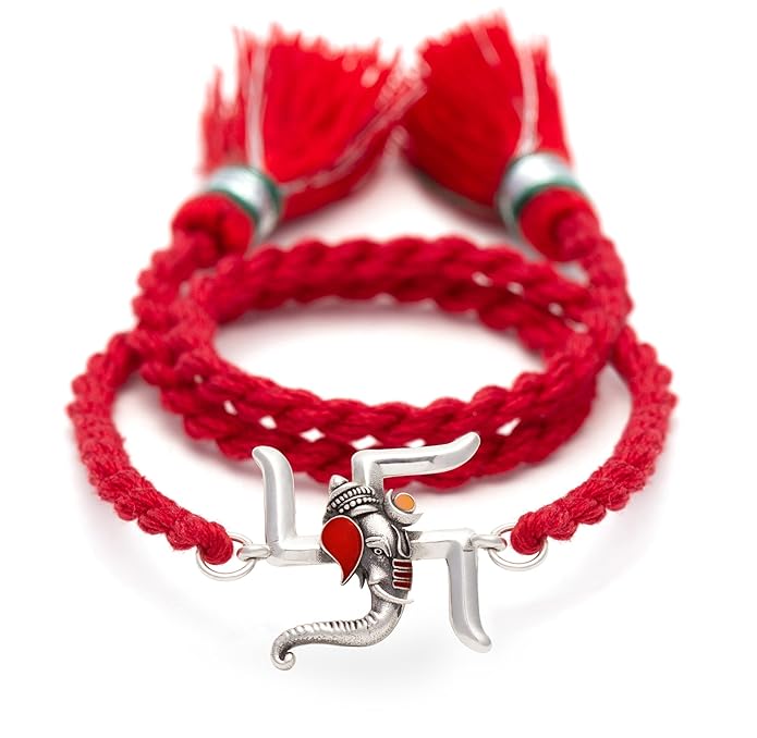 Meenakari Swastik Ganesh Sterling Silver Rakhi set with Roli Chawal and Greeting Card