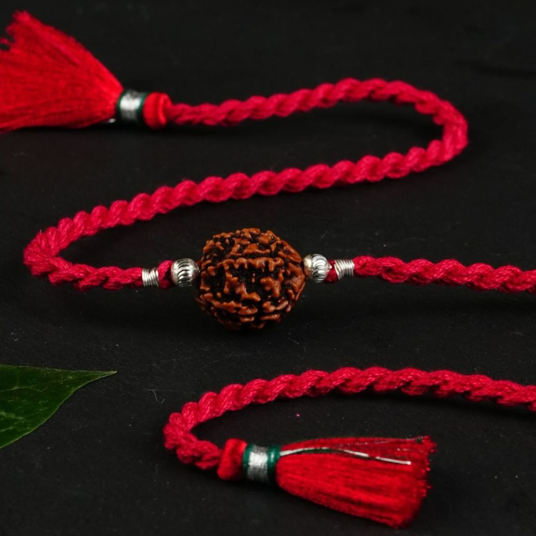 Meenakari Sterling Silver Pure 925 beads and Rudraksh Rakhi combo set with Roli Chawal, Rakshabandhan Greeting Card and authenticity certificate (Shiny beads)