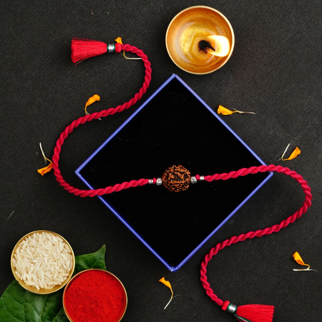 Meenakari Sterling Silver Pure 925 beads and Rudraksh Rakhi combo set with Roli Chawal, Rakshabandhan Greeting Card and authenticity certificate (Shiny beads)