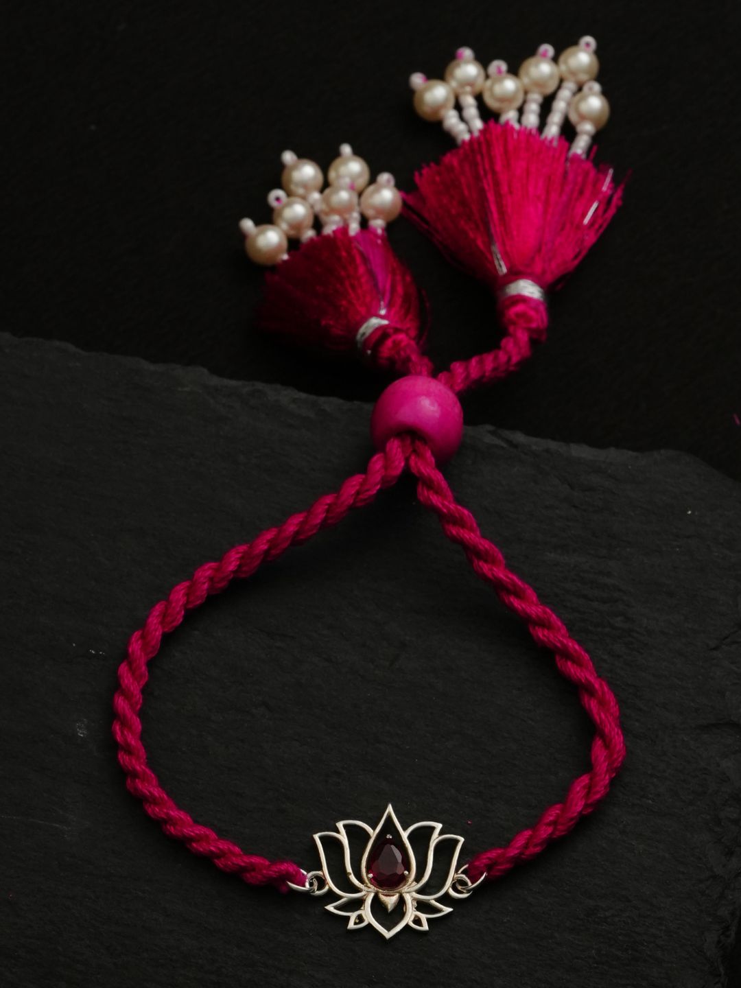 Meenakari Pure 925 Sterling Silver Lotus With Zircon Rakhi