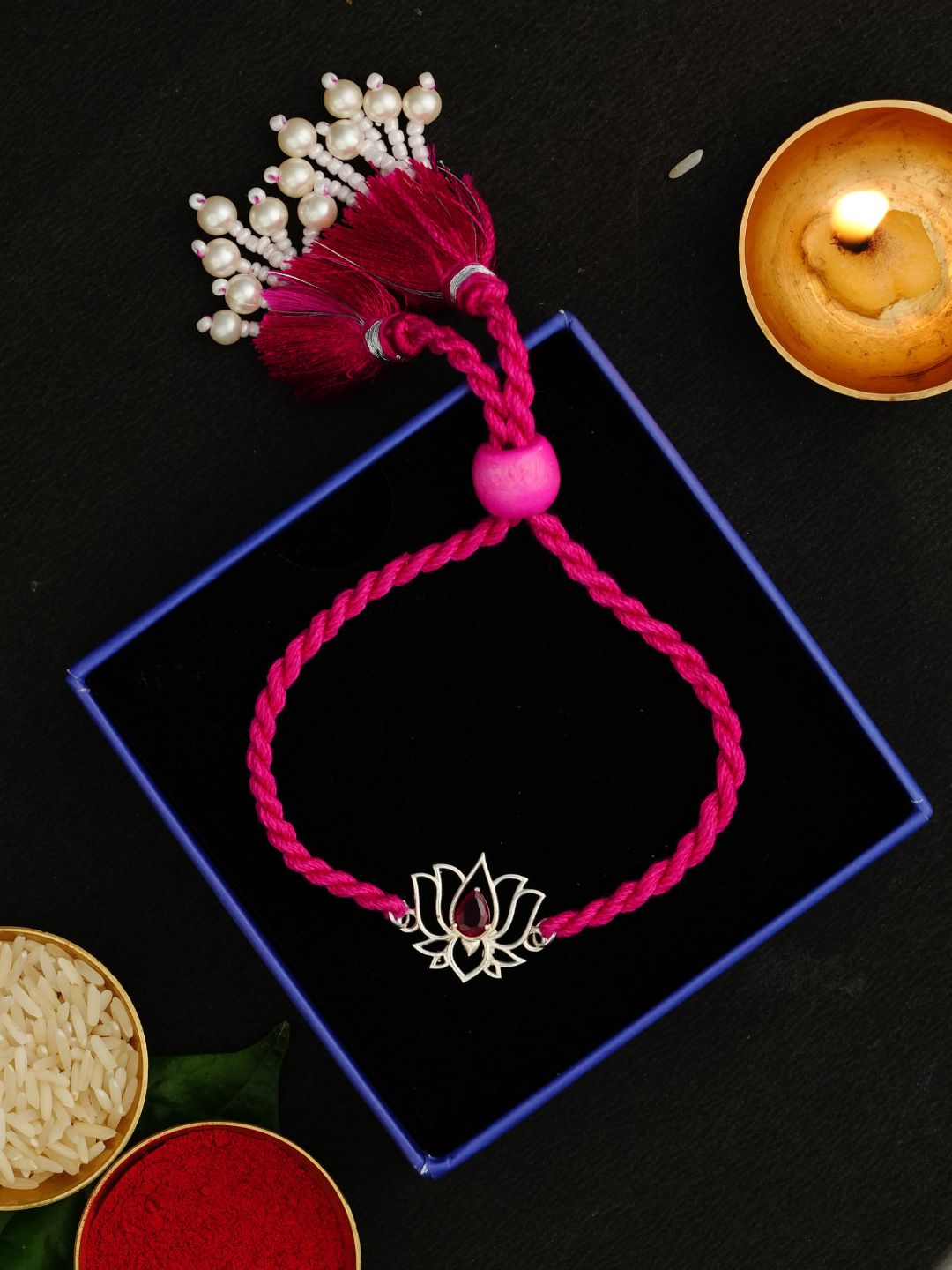 Meenakari Pure 925 Sterling Silver Lotus With Zircon Rakhi