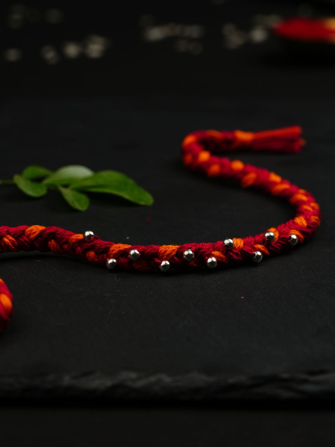 Meenakari Sterling Silver Pure 925 beads  braided in Cotton Moli thread combo set with Roli Chawal, Rakshabandhan Greeting Card and an Authenticity certificate