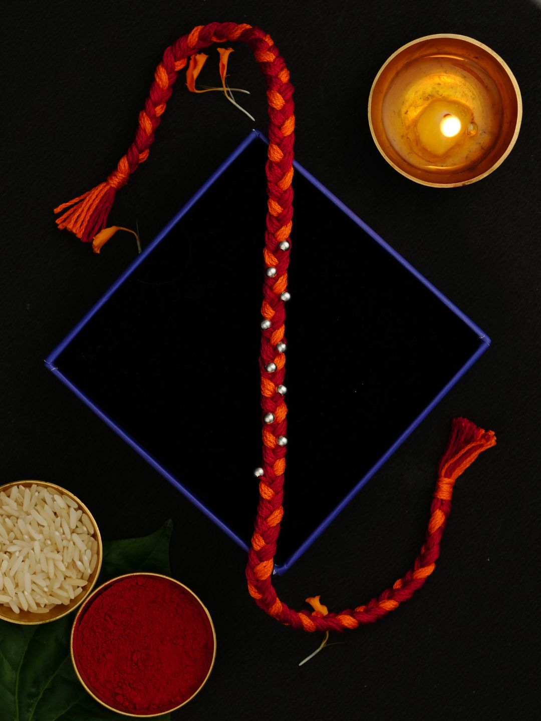 Meenakari Sterling Silver Pure 925 beads  braided in Cotton Moli thread combo set with Roli Chawal, Rakshabandhan Greeting Card and an Authenticity certificate