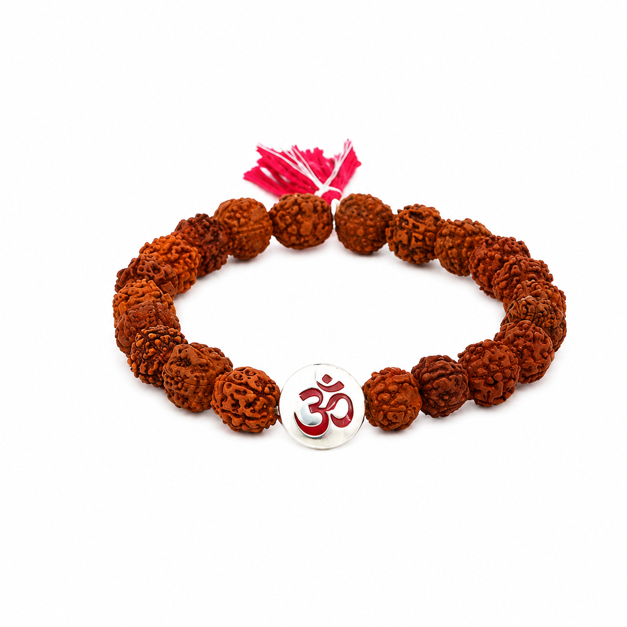 Stretchable rudraksha bead bracelet with a silver Om charm