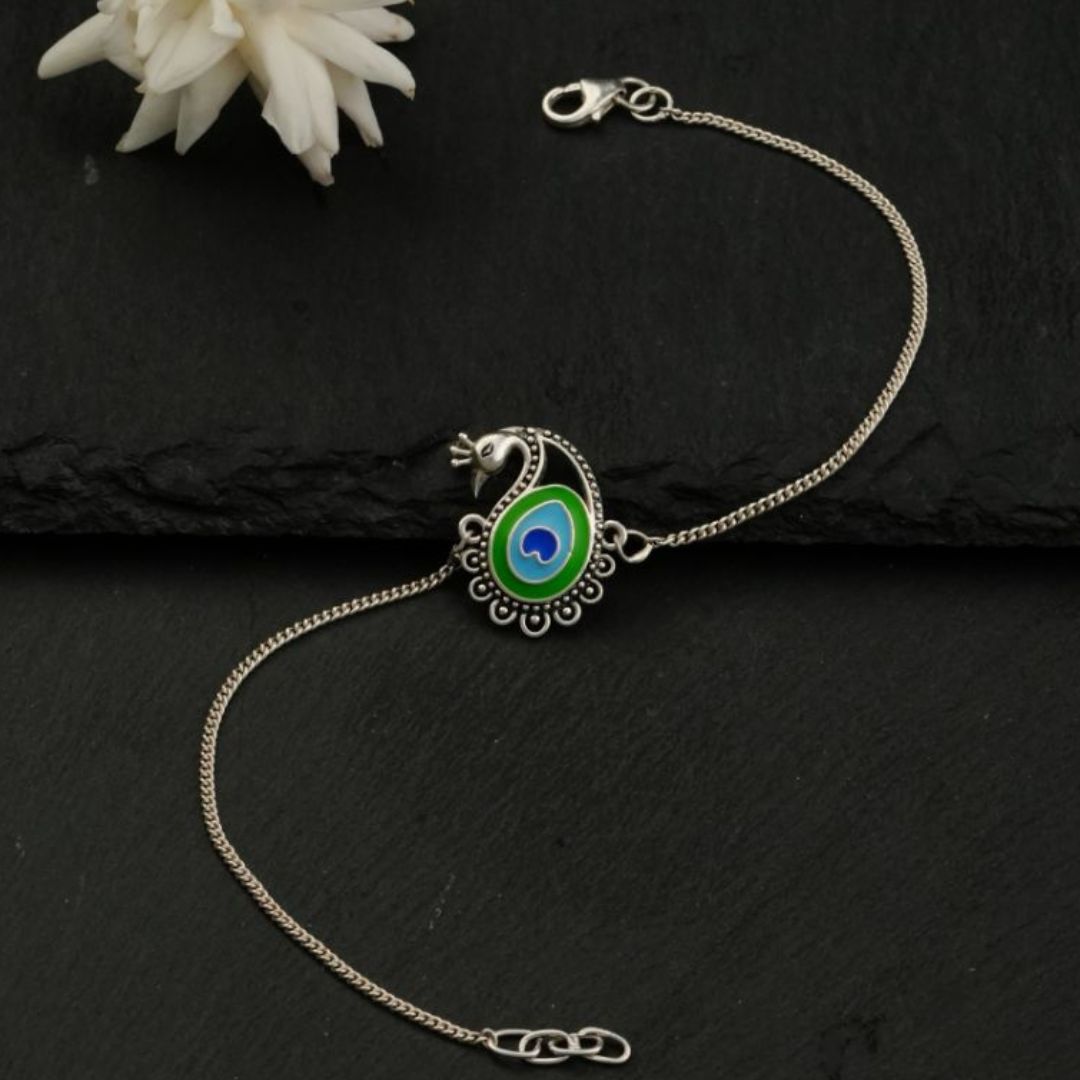 Meenakari Heriatge Jewellery 925 Sterling Silver Morpankh (Peacock feather) Krishna Rakhi Set  With Roli Chawal, Raksha bandhan greeting Card and Authenticity (Chain bracelet)