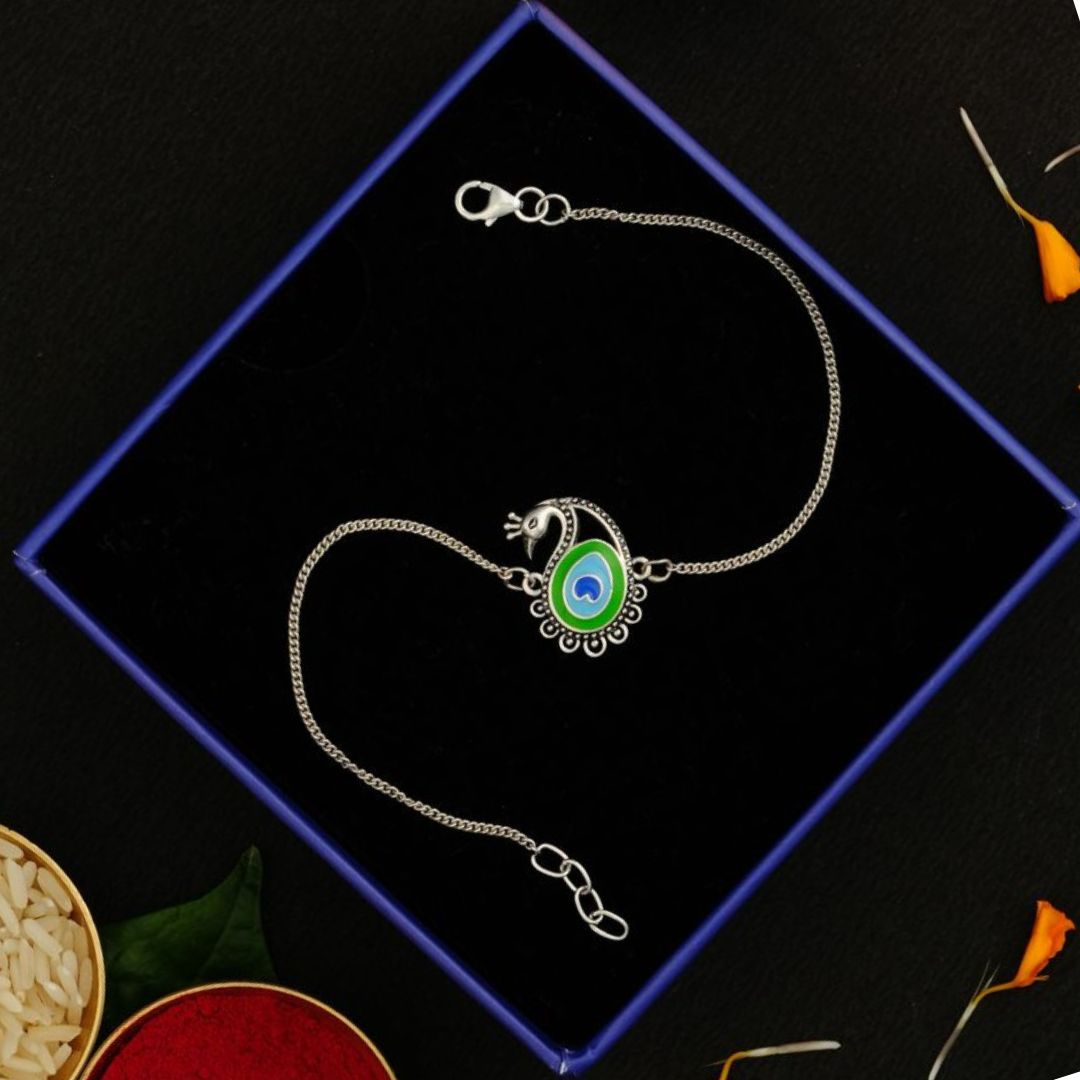 Meenakari Heriatge Jewellery 925 Sterling Silver Morpankh (Peacock feather) Krishna Rakhi Set  With Roli Chawal, Raksha bandhan greeting Card and Authenticity (Chain bracelet)