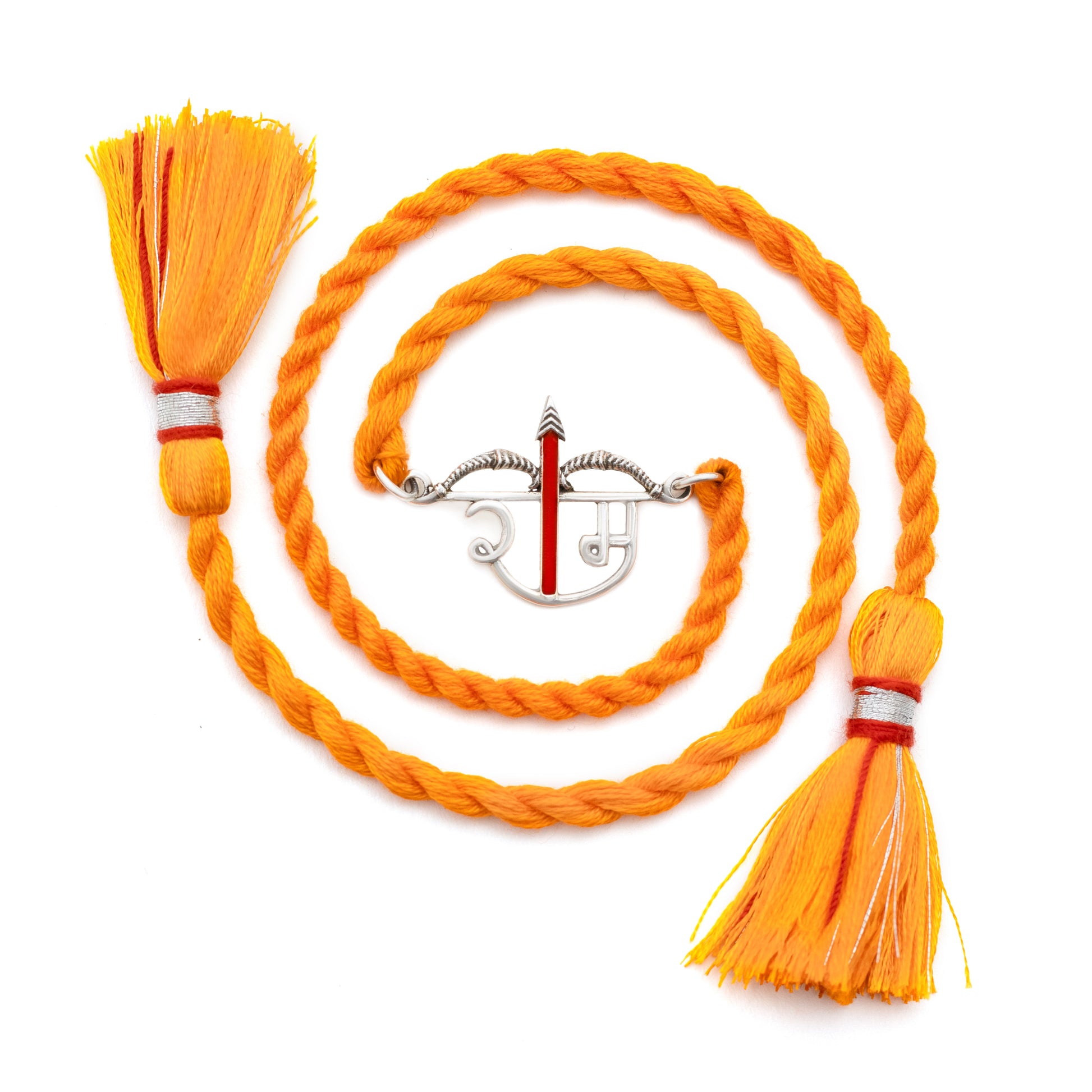 Silver bow and arrow charm on a saffron braided rakhi with tassels