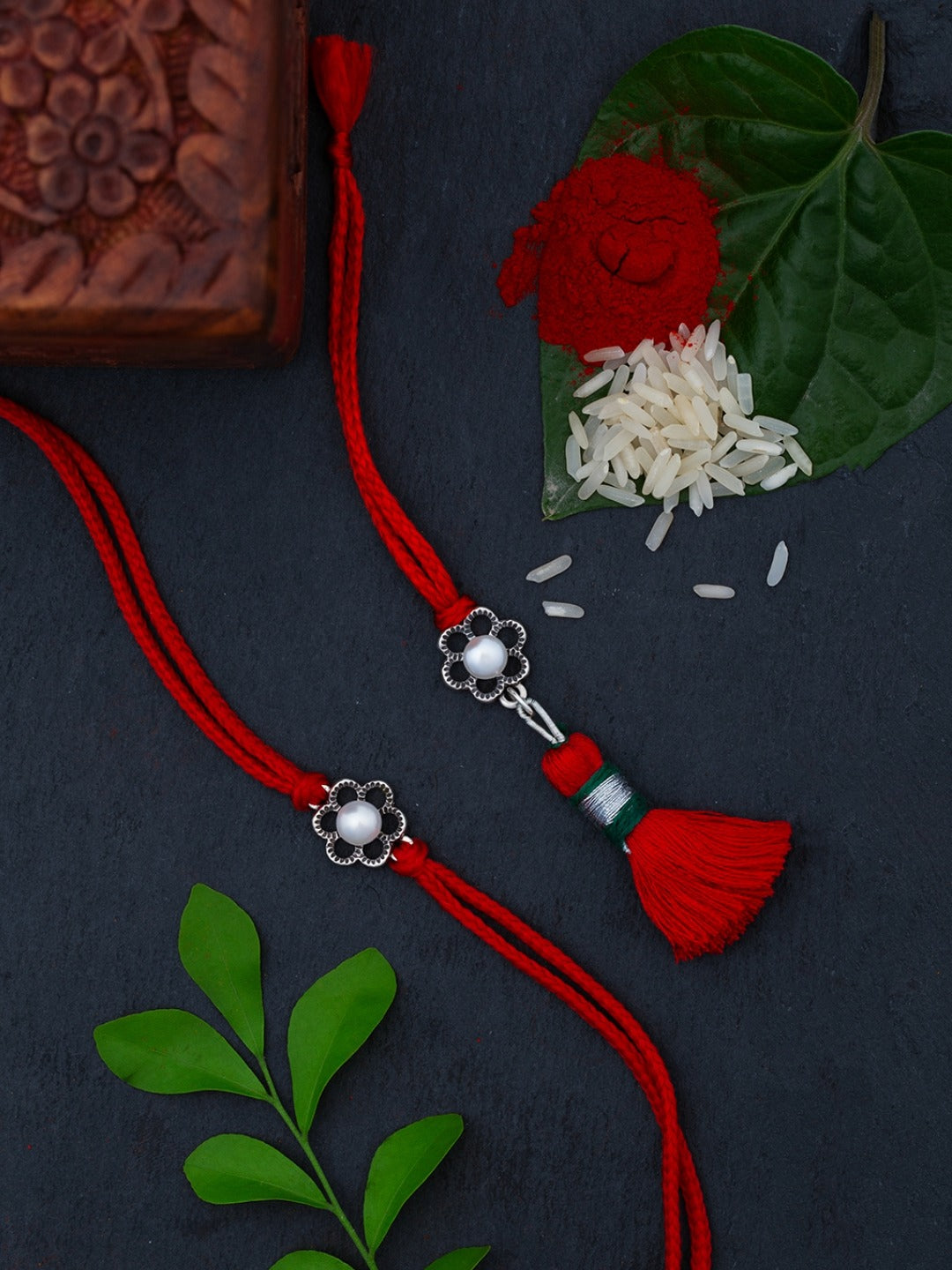 Meenakari Pure 925 Sterling Silver Floral Pearl (Moti)Bhaiya bhabhi with Roli Chawal and Rakshabandhan Greeting Card