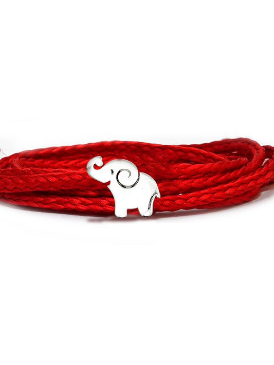 Silver elephant charm on a red multi-strand kids rakhi