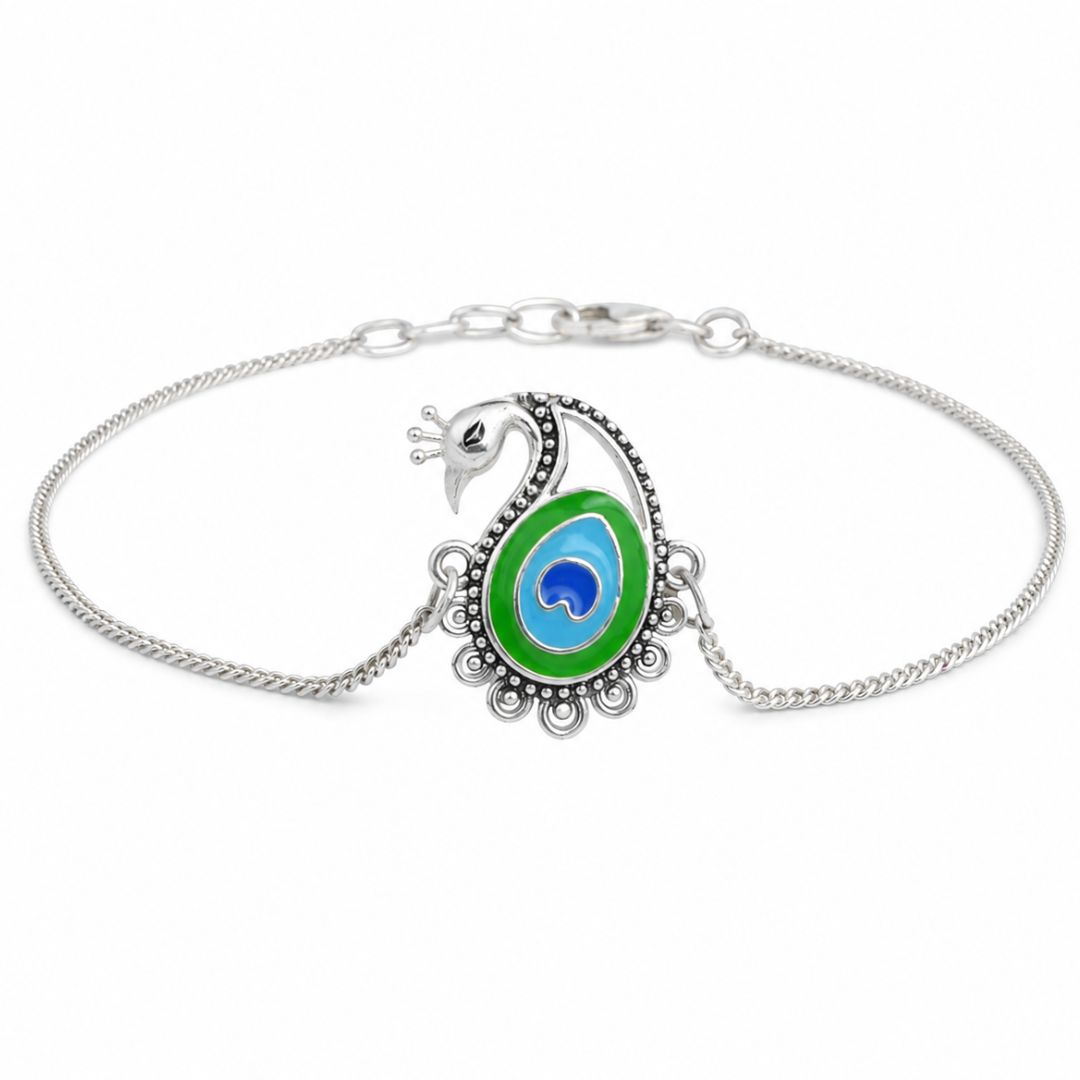 Meenakari Heriatge Jewellery 925 Sterling Silver Morpankh (Peacock feather) Krishna Rakhi Set  With Roli Chawal, Raksha bandhan greeting Card and Authenticity (Chain bracelet)