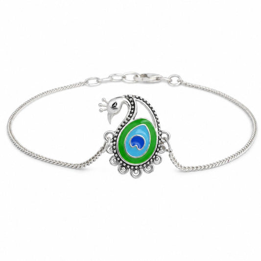 Meenakari Heriatge Jewellery 925 Sterling Silver Morpankh (Peacock feather) Krishna Rakhi Set  With Roli Chawal, Raksha bandhan greeting Card and Authenticity (Chain bracelet)