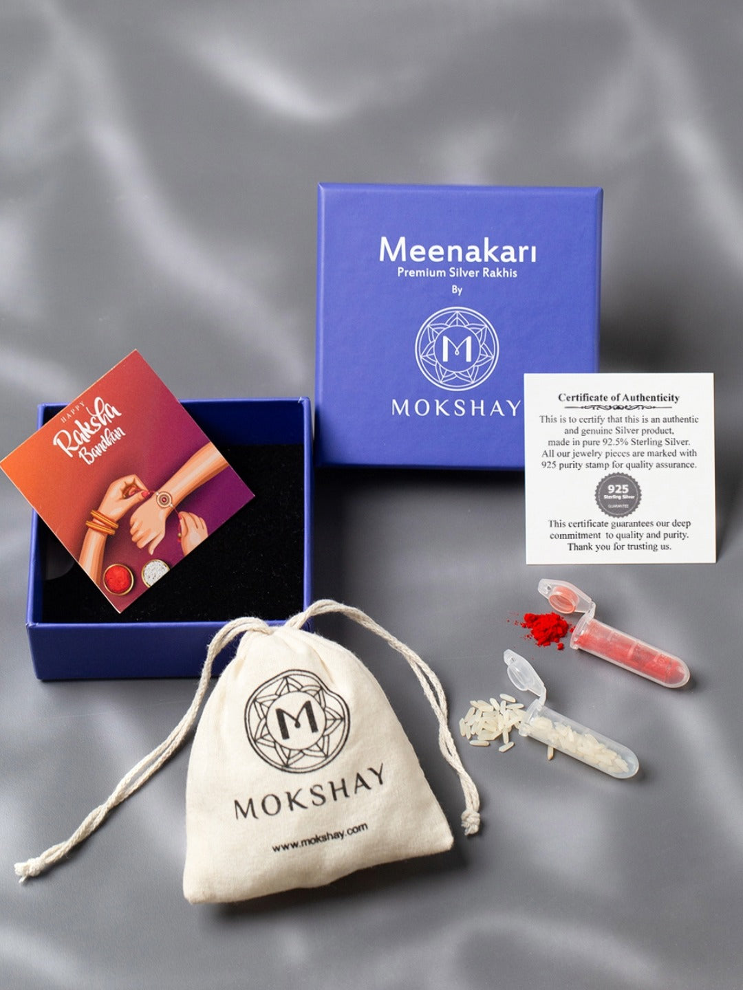 Meenakari Pure 925 Sterling Silver Floral Pearl (Moti)Bhaiya bhabhi with Roli Chawal and Rakshabandhan Greeting Card