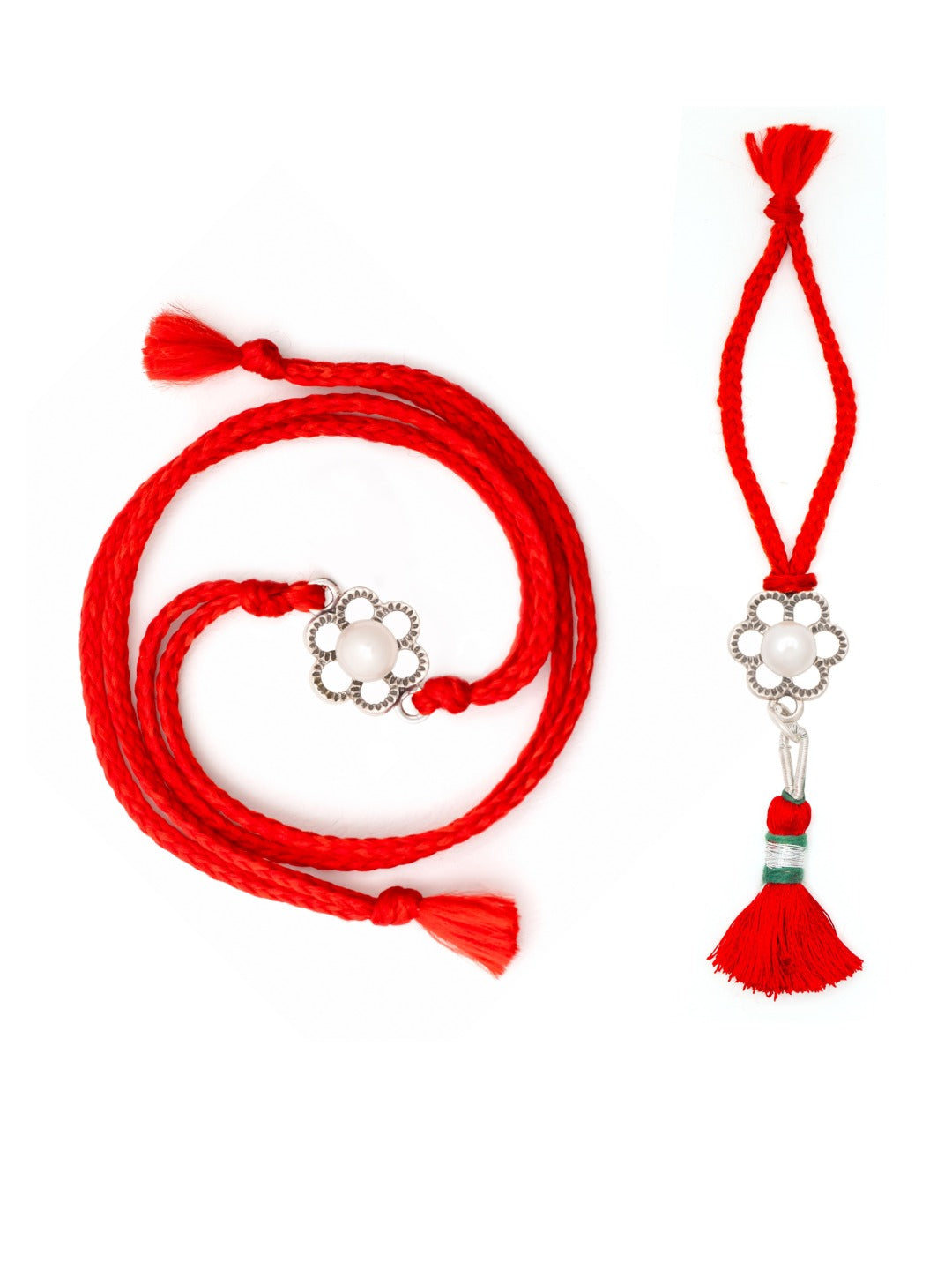 Pair of floral pearl rakhis - a wrist rakhi and a hanging lumba - in red thread