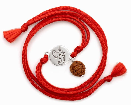 Meenakari Small Ganesha Coin with Rudraksha Sterling Silver Rakhi set with Roli Chawal and greeting card