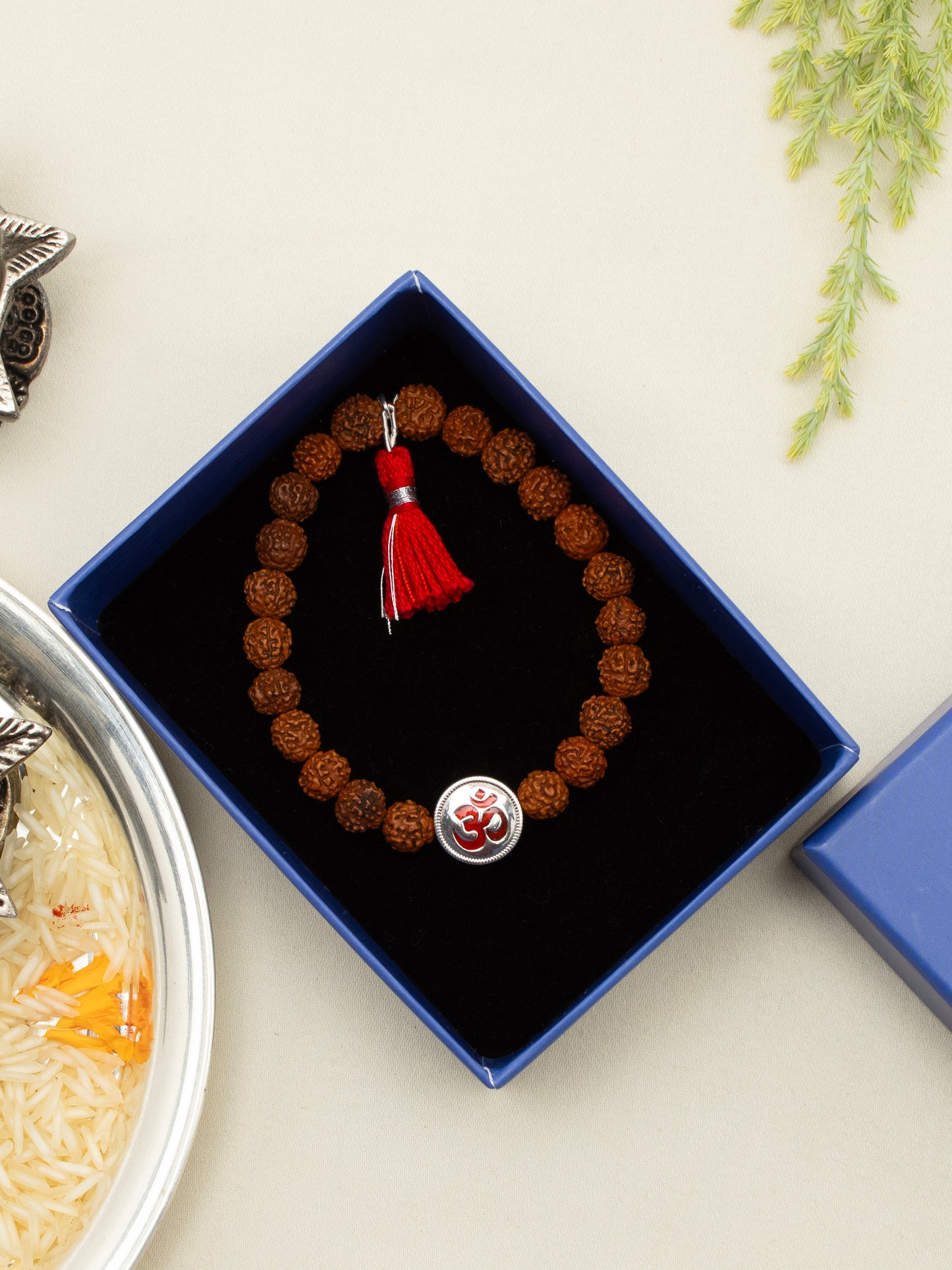 Meenakari Rudraksha Bracelet Sterling Silver Rakhi set with Roli Chawal and Rakshabandhan Greeting Card