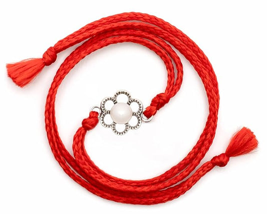 Meenakari Floral Pearl (Moti) Sterling Silver Rakhi set with Roli Chawal and Rakshabandhan Greeting Card