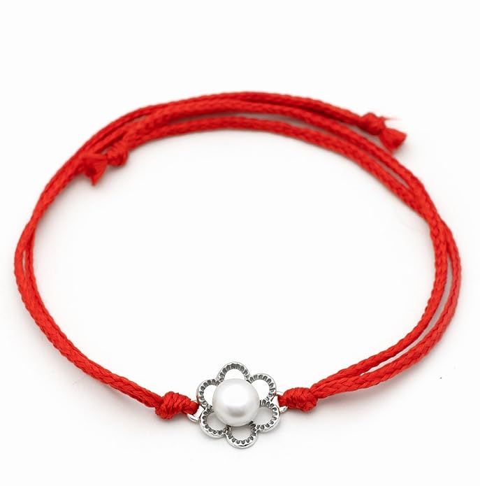 Meenakari Floral Pearl (Moti) Sterling Silver Rakhi set with Roli Chawal and Rakshabandhan Greeting Card