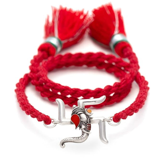 Meenakari Swastik Ganesh Sterling Silver Rakhi set with Roli Chawal and Greeting Card